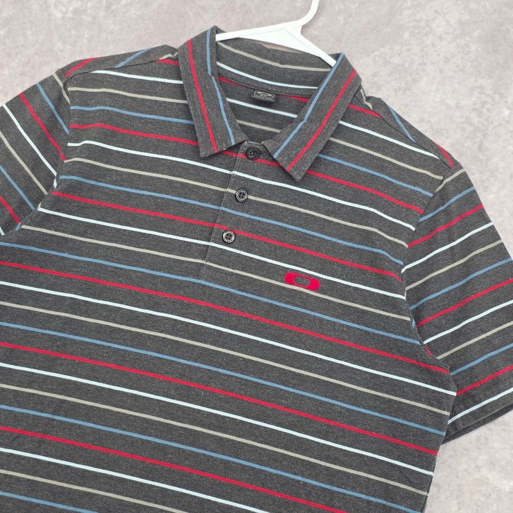 Oakley Striped Polo Shirt Mens Small Short Sleeve Gray Red Blue Jersey Knit